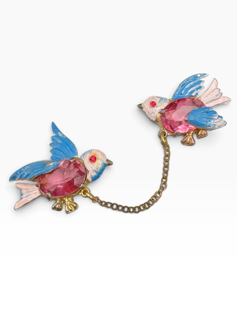 Vintage Hallmarked Fred Gray Enamel & Glass Belly Bird Chatelaine Pins
